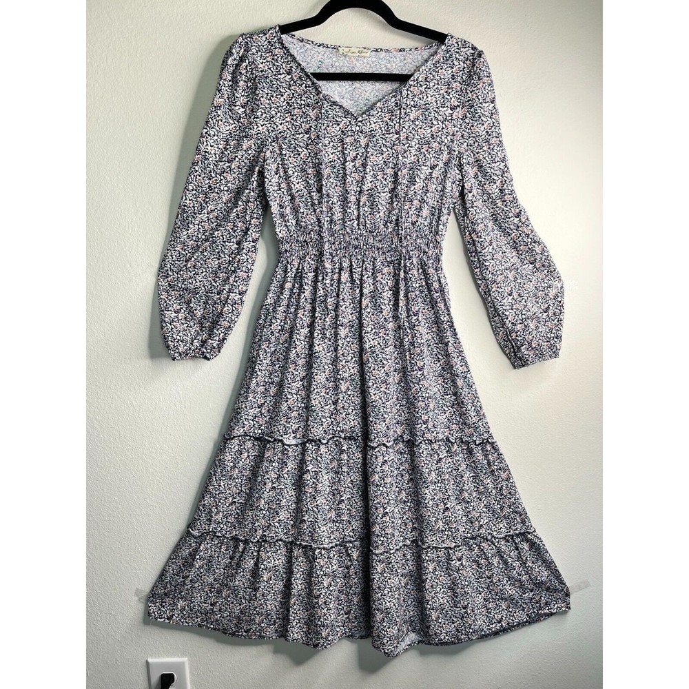 Indigo Rose Floral Midi Dress Long Sleeve Tie Front Layered Elastic Waist Sz S - Picture 9 of 16